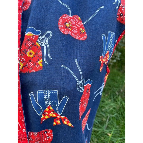 Vintage Full Smock Apron Hippy Bandana Print Red Blue - Picture 7 of 11